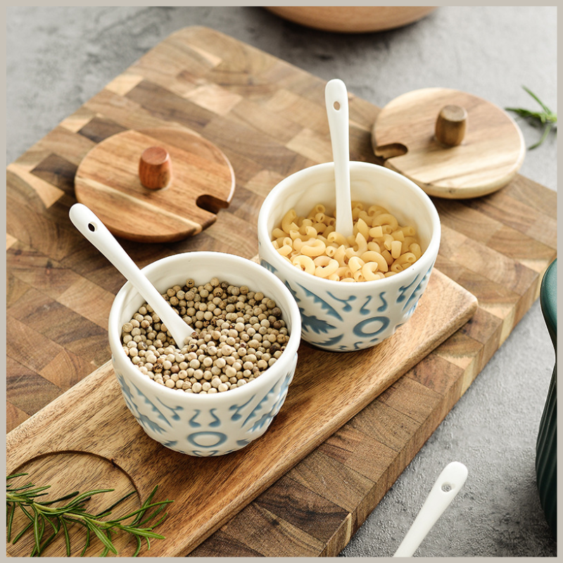 Nordic Ceramic and Acacia Seasoning Jar Set