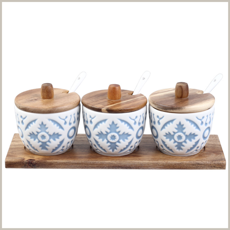 Nordic Ceramic and Acacia Seasoning Jar Set