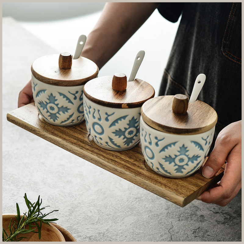 Nordic Ceramic and Acacia Seasoning Jar Set